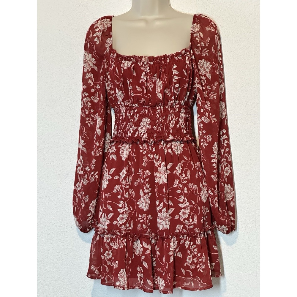 Trixxi‎ Red Floral Chiffon Long Sleeve Tiered Ruffle Dress Sz L Milkmaid Smocked